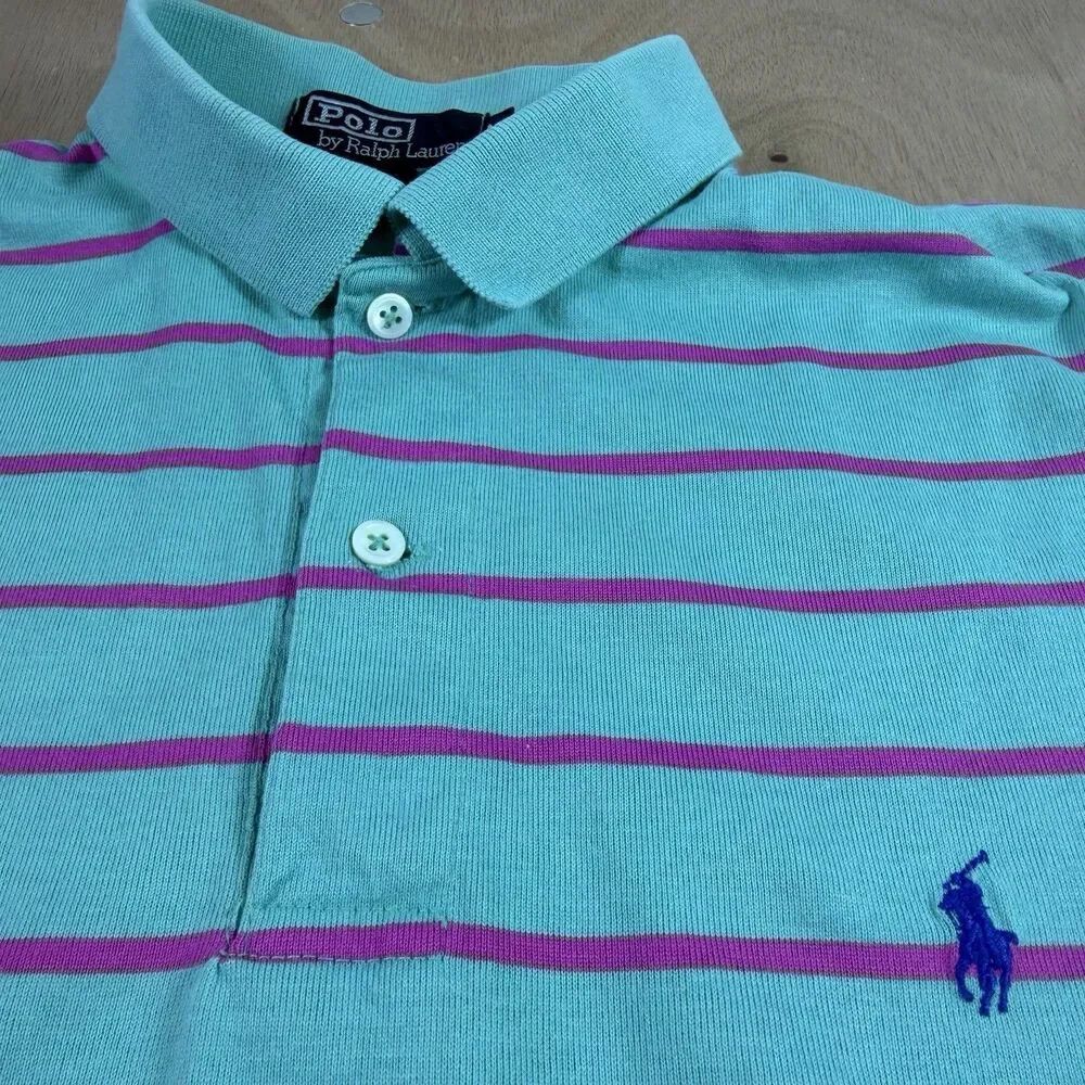Vintage Polo Ralph Lauren Retro Stripped Made USA 100% Cotton Polo Turquoise M